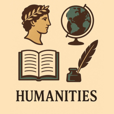 Illustration representing the humanities, featuring a laurel-crowned figure, a globe, an open book, and a feather quill with ink bottle.