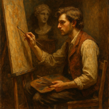Oil painting-style image of a male artist in vintage clothing focused on painting at an easel, with a classical sculpture bust in the background.