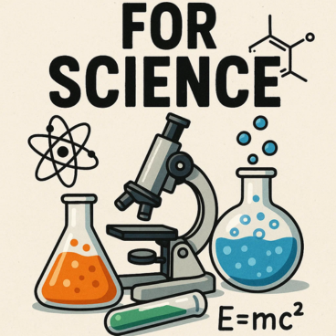 Colorful science-themed illustration featuring a microscope, laboratory flasks with liquids, a chemical structure, atom model, and the equation E=mc² under the title “For Science.”