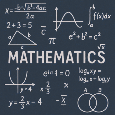 Chalkboard-style illustration of various mathematical equations, graphs, and symbols including algebra, geometry, calculus, and trigonometry, with the word "Mathematics" in the center.