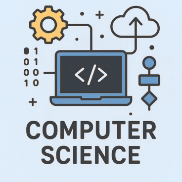 Illustration of a computer with code symbols on the screen, surrounded by icons representing cloud computing, binary code, flowchart elements, and a gear, symbolizing computer science.